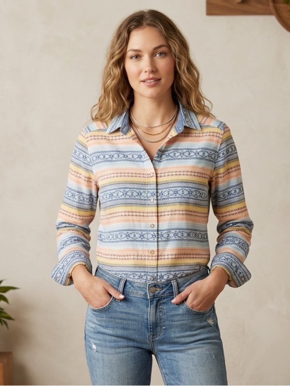 Ariat Pastel Striped Button-Down Shirt Blue, Yellow & Pink, Women’s Size Small
